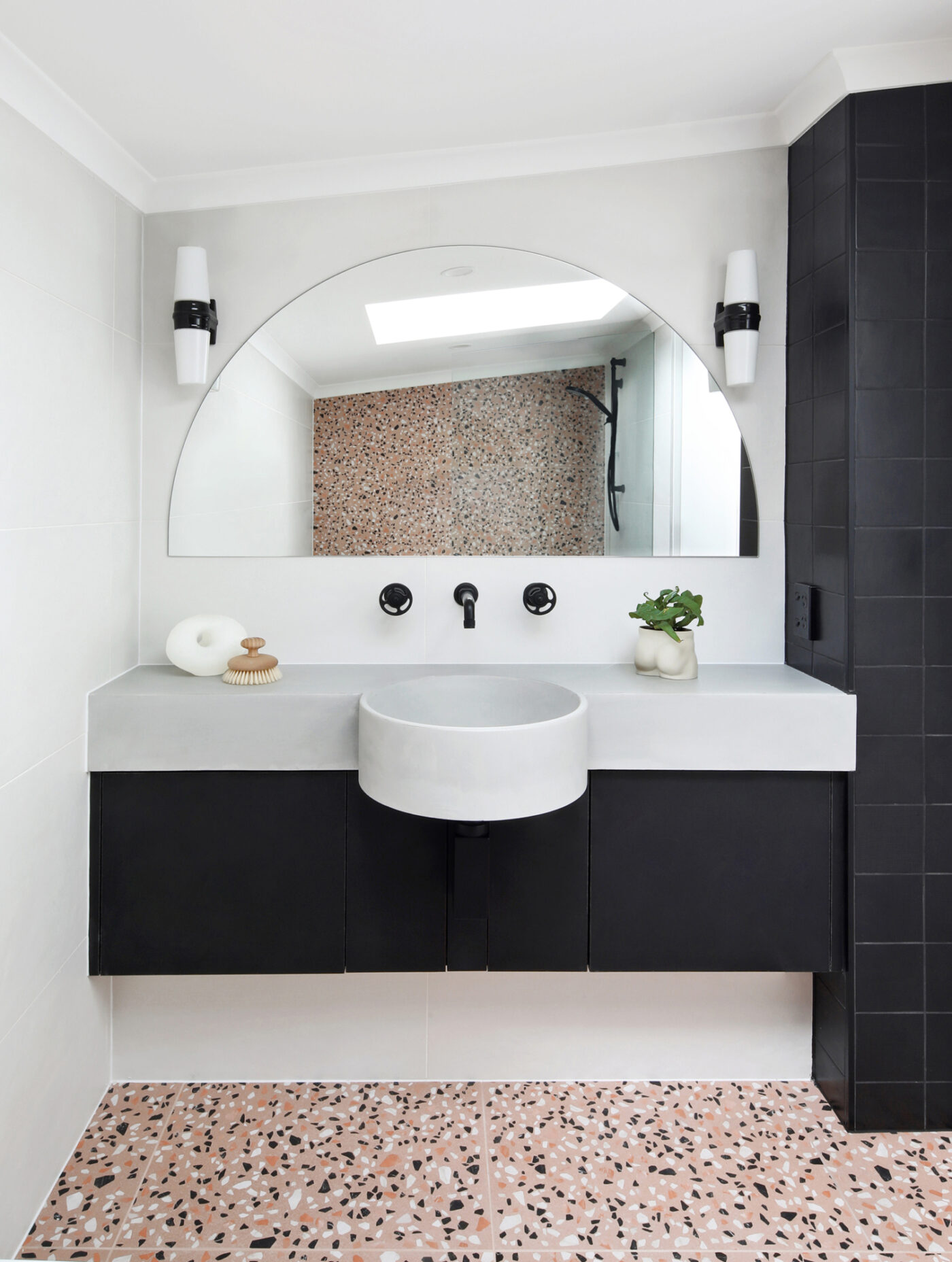 WALL TILES: Clay41 White
FLOOR &amp; SHOWER FEATURE WALL TILES: Medley Classic Pink (Order In)
SIDE FEATURE WALL TILES: Picasso Plain Black
