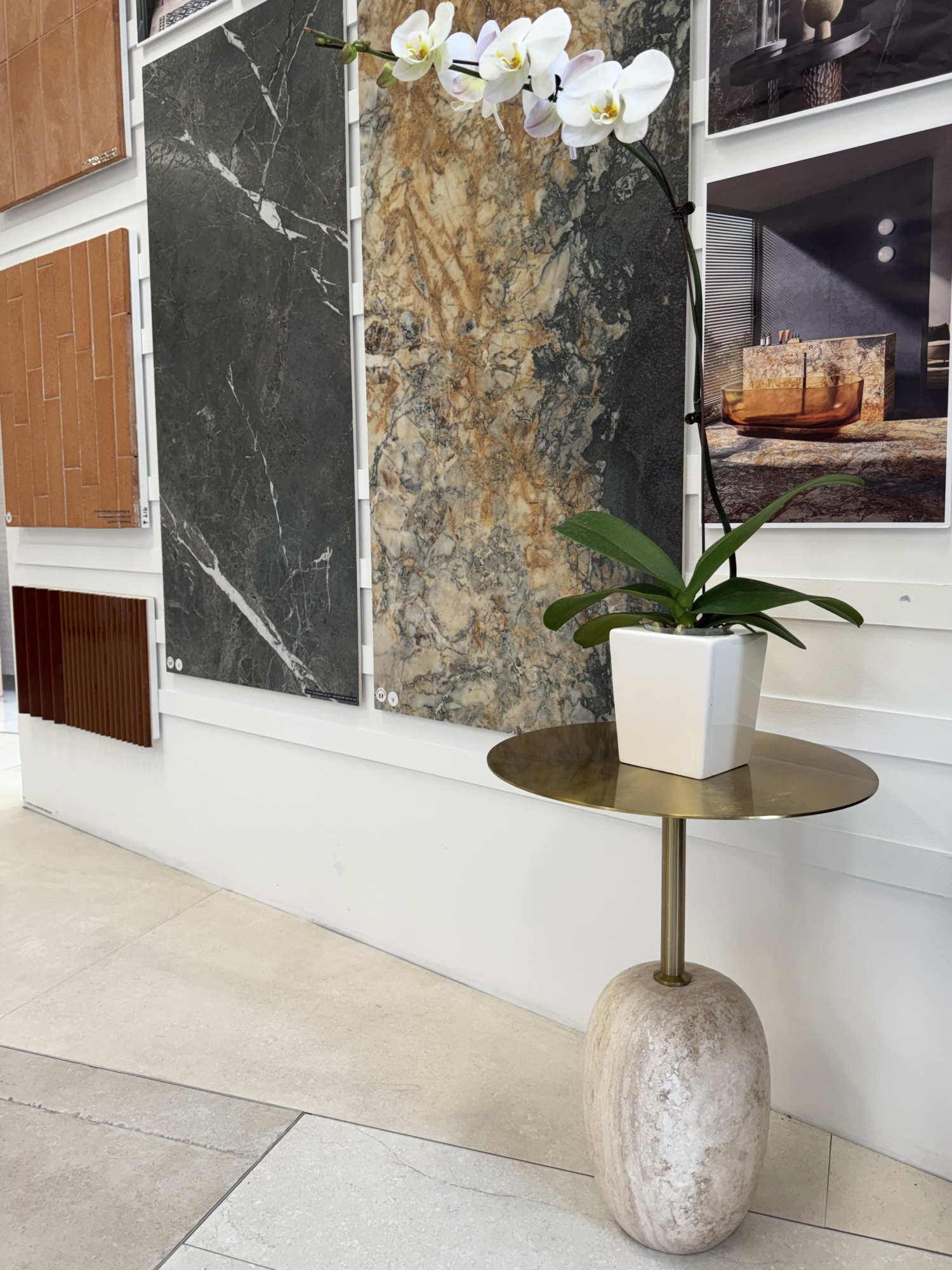 Ball Table with Brass Top - Travertine