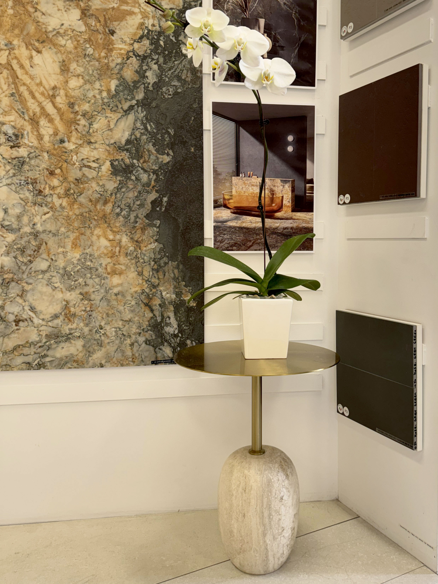 Ball Table with Brass Top - Travertine