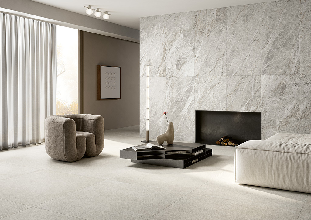 Pavimenti per interni Ceramica Fioranese The Blend Concrete Ivory 1208x1208 White Stone 75x1497 1