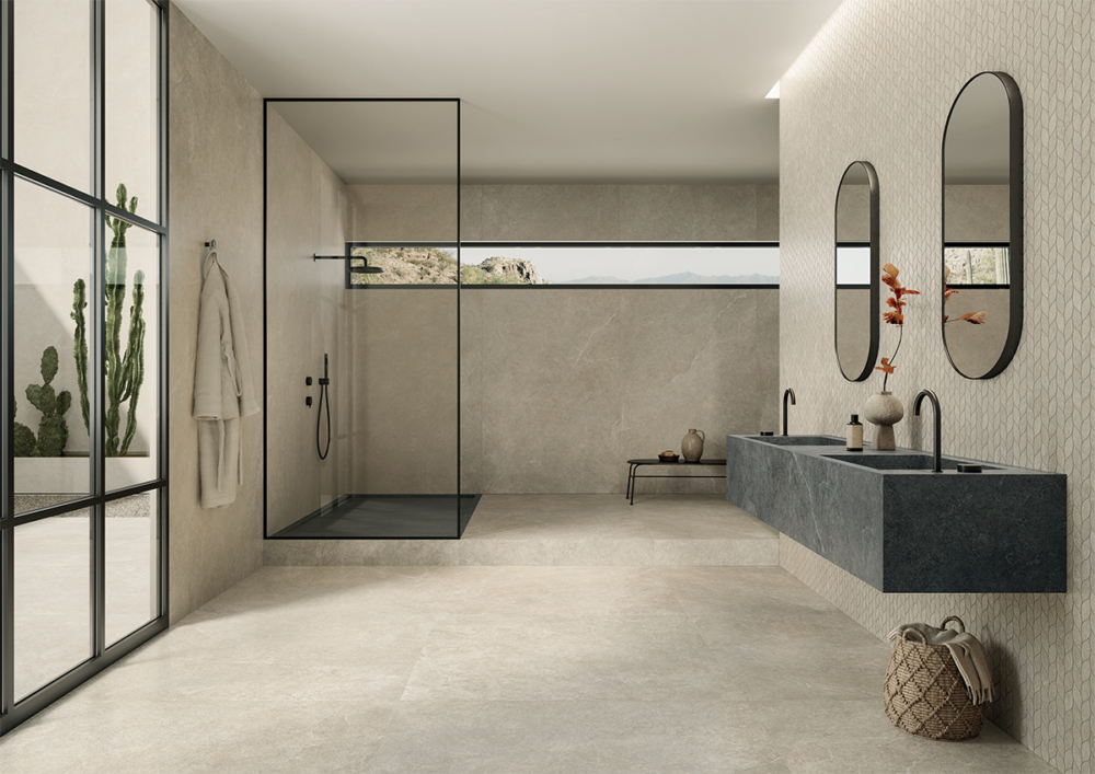 Insitu Limestone Bagno Beige 120x278 120x120 mosaico foglie