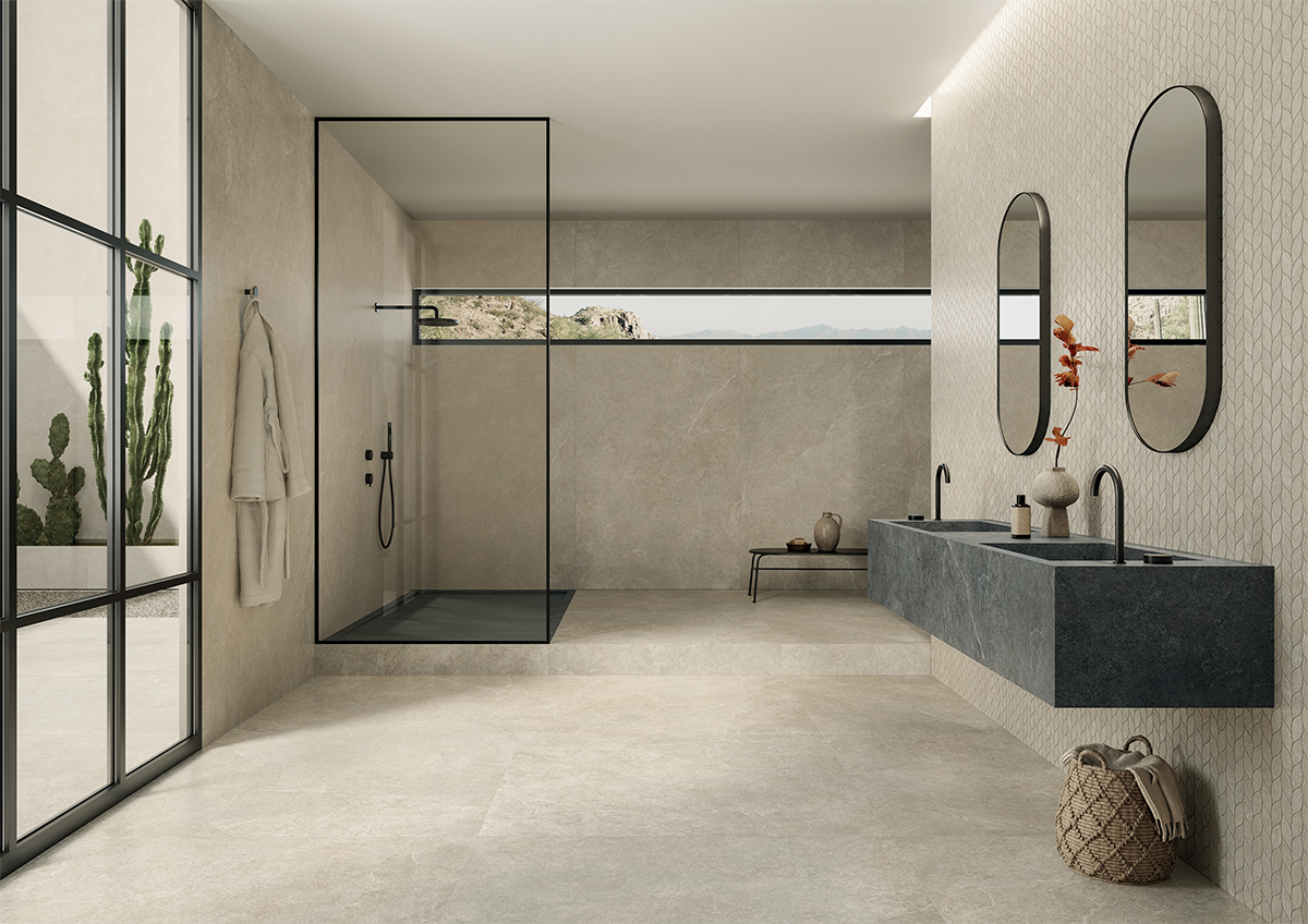Insitu Limestone Bagno Beige 120x278 120x120 mosaico foglie